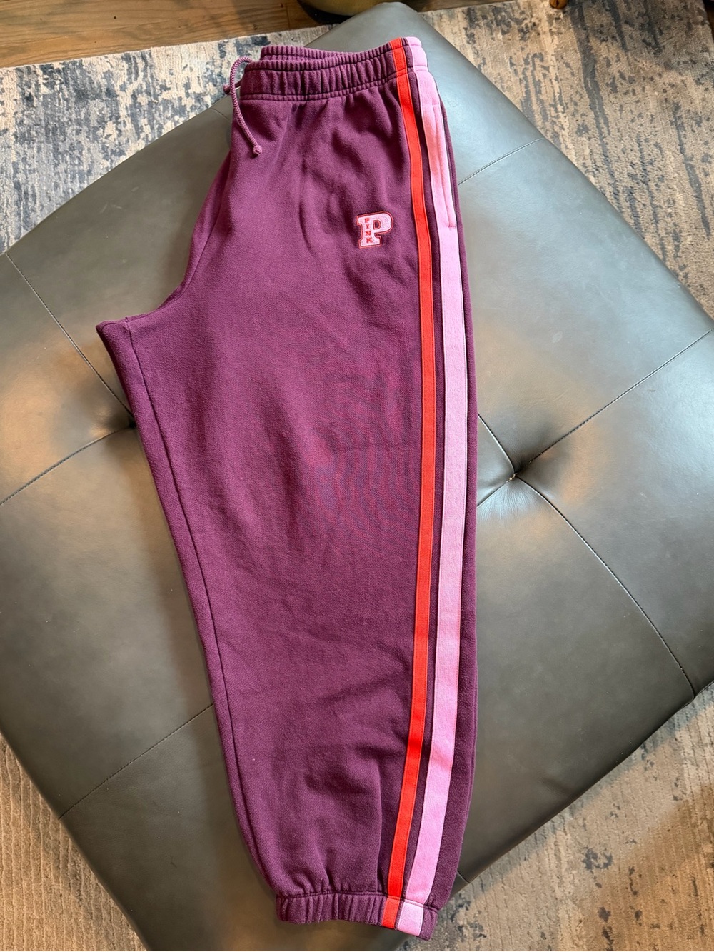 PINK Victoria's Secret Maroon Sweatpants with Pink & Red Side Stripes